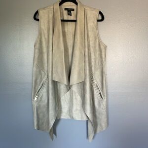 Joan Vass New York Faux Leather Suede Open Waterfall Cardigan Grey Vest Size M